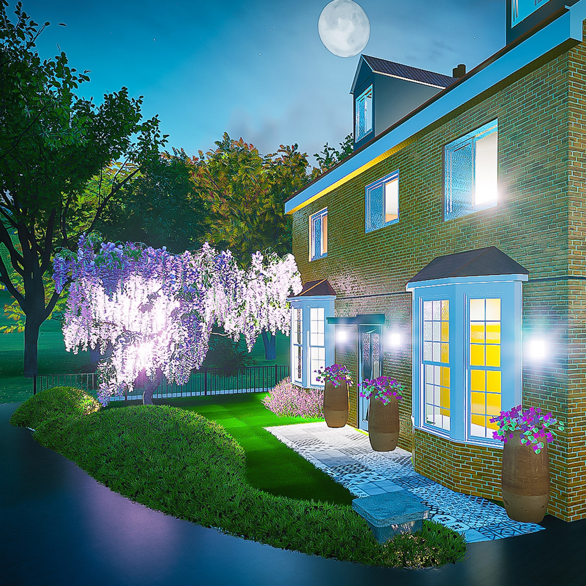 Photorealistic 3D render of a modern Milton Keynes garden with porcelain patio, planting and evening lighting