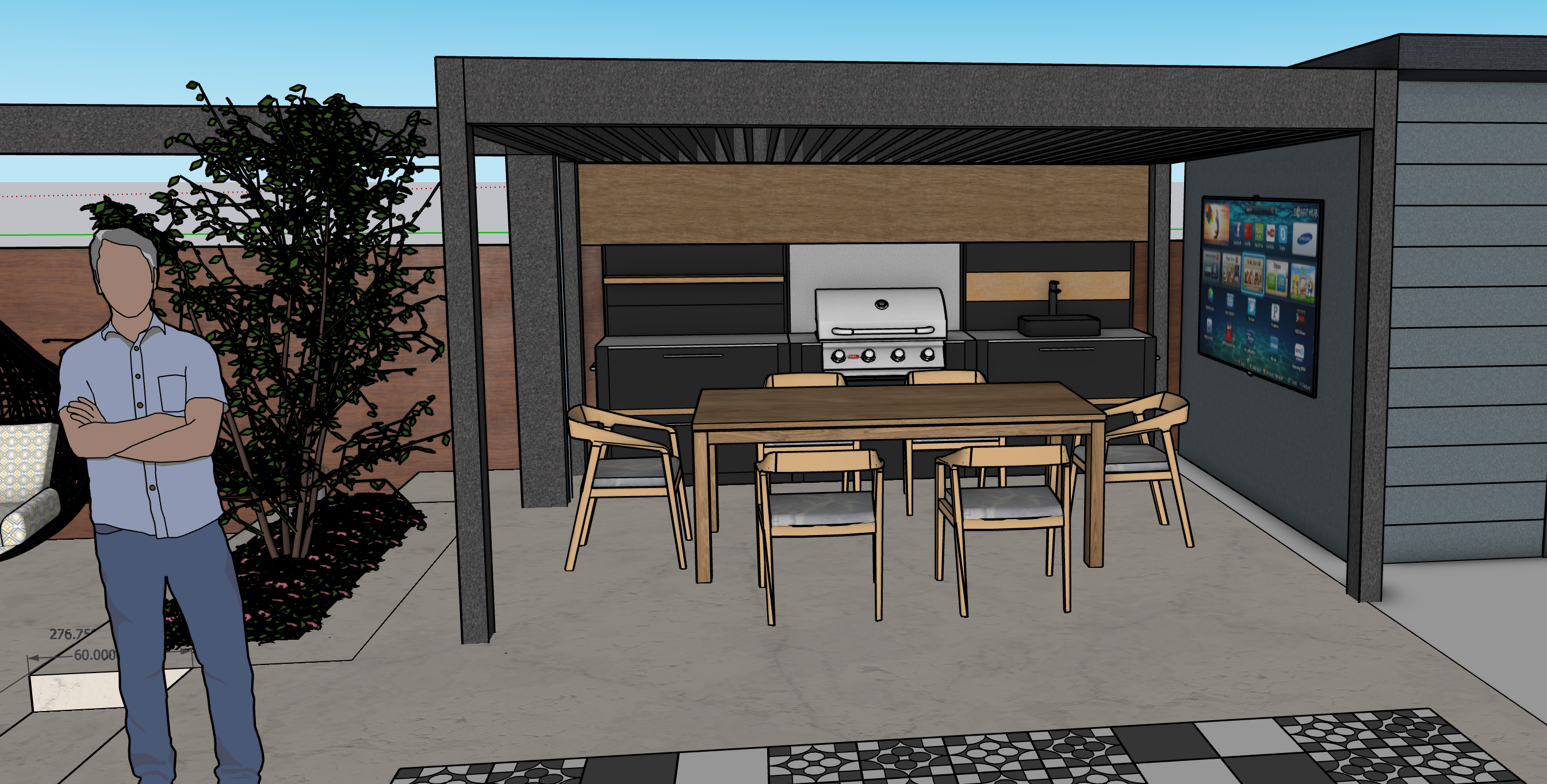 Rendered outdoor kitchen with built-in BBQ
